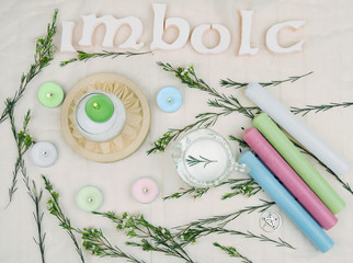Green flowers, altar candles for Imbolc sabbath.
