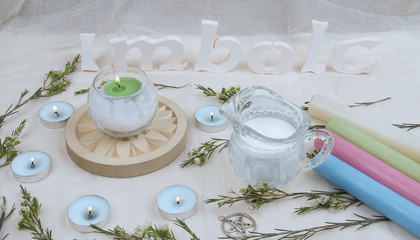 Green flowers, altar candles for Imbolc sabbath.
