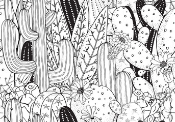 Black and white doodle seamless pattern with cactus. Prickly pear, agave, saguaro, cactus flower.