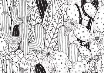 Papier peint Noir et blanc Modèle sans couture de doodle noir et blanc avec cactus. Figue de barbarie, agave, saguaro, fleur de cactus.