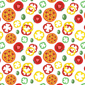 Vector pattern with pizza and vegetables isolate on white background. Art illustration design