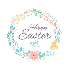 Obraz premium Easter banner background, template with beautiful spring flowers, wreath, leaves and lettering