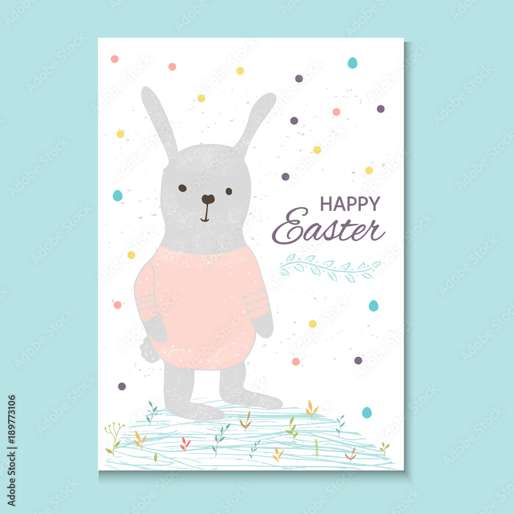 Poster Easter banner background, template with beautiful spring flowers, leaves, dots and rabbit, bunny. Modern postcard or invitation for holliday