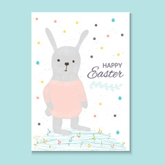 Easter banner background, template with beautiful spring flowers, leaves, dots and rabbit, bunny. Modern postcard or invitation for holliday