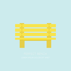 Icon of yellow wooden bench in a flat design. Isolated on blue. Vector illustration
