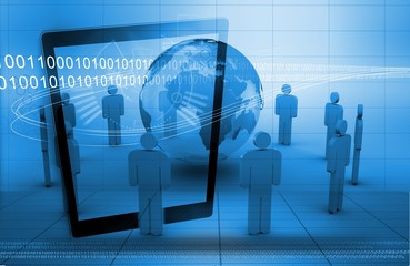 Illustration of business people standing around globe and digital tablet