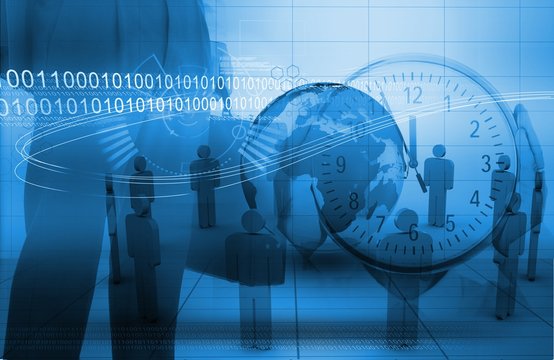 Illustration of business people standing around globe and clock 