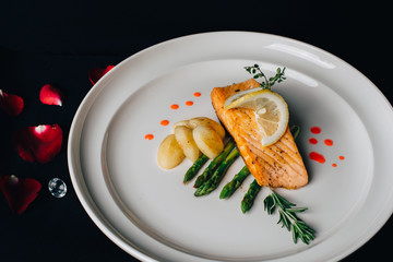 Concept picture for luxury Valentine's day food - grill salmon