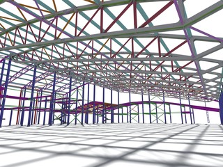 The 3D model of the construction of sports buildings from metal constructions. Engineering, industrial and construction background. 3D rendering.  Isolated on white background.