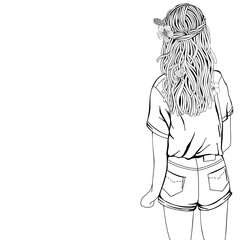 Cute Girl with long hair and flowers.. Coloring book page for adult. Black and white. Doodle, zentangle style.