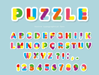 Puzzle paper cut out font. ABC colorful creative letters and numbers.