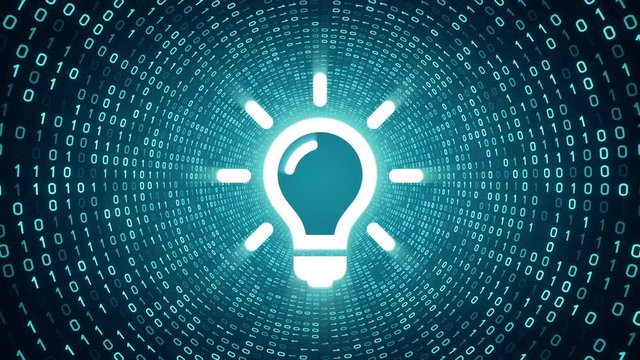 White light bulb icon form cyan binary tunnel on cyan background. Concepts and ideas. Seamless loop. More icons and color options available in my portfolio.