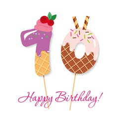 Happy Birthday card. Festive sweet numbers 70. Coctail straws. Funny decorative characters. Vector
