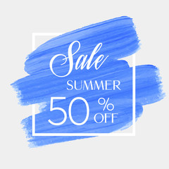 Summer sale 50% off sign over art brush acrylic stroke paint abstract texture background vector illustration. Perfect watercolor design for a shop and sale banners.