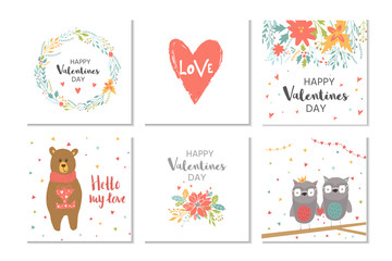 Lovely set of 6 Valentines day gift card  with heart, teddy bear and lettering love