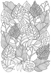 Floral doodle background pattern in vector with autumn leaves. Design Asian, ethnic, zentangle, tribal pattern. Black and white. Coloring book. A4