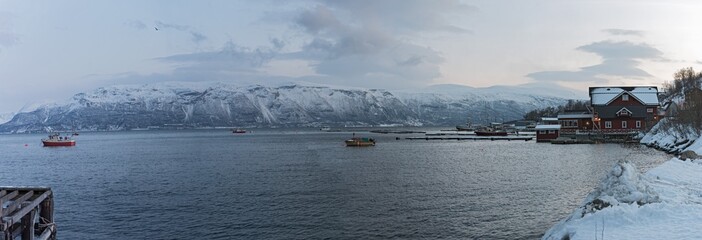 View of the harbor of Lyngseidet in Troms county, Norway