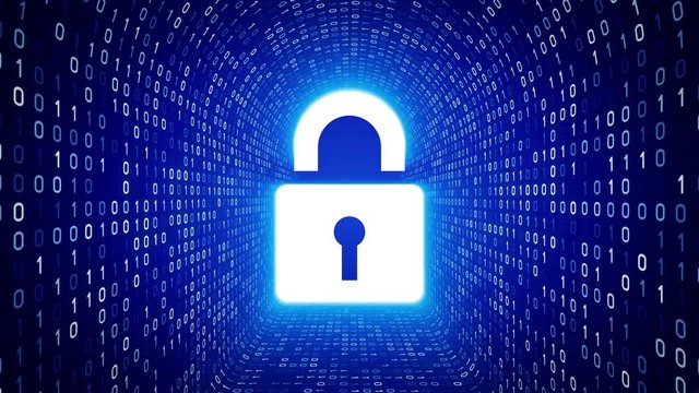 White lock icon form white binary tunnel on blue background. Computer security concept. Seamless loop. More icons and color options available in my portfolio.