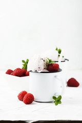 Sweet summer ice cream with raspberry on the white stone background