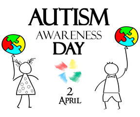 Autism Awareness Month. Multicolored puzzle in the form balloons. Doodle kids with balloons.