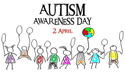 Autism Awareness Month. Multicolored puzzle in the form balloons. Doodle kids with balloons.