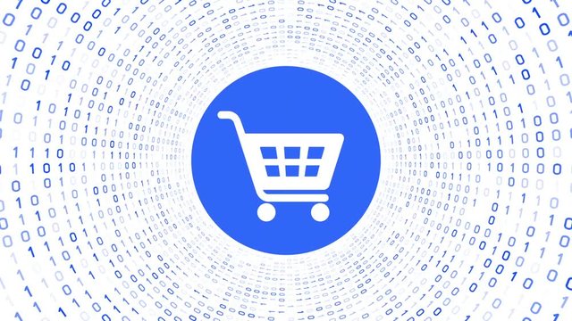 White shopping cart icon form blue binary tunnel on white background. Online shopping concept. Seamless loop. More icons and color options available in my portfolio.