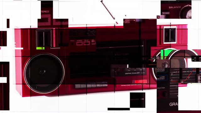 a selection of vintage ghettoblasters and radios spinning around. it is filmed in a way that the objects change as they rotate. this version has added glithc and distortion effects overlayed