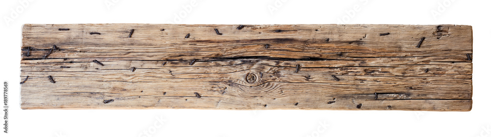 Poster old, weathered wooden log with nails isolated with clipping path included