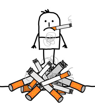 Cartoon Man on a Big Pile of Cigarettes