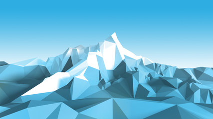 Winter polygonal image of a mountainous area with a glacier on top of a mountain. 3d illustration