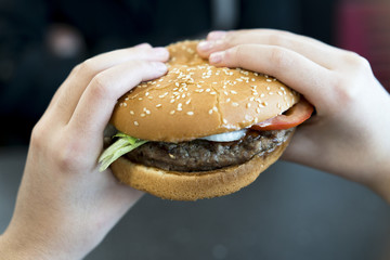 Hamburger tutan çocuk elleri
