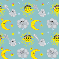 Fototapeta na wymiar Colorful seamless pattern with moon,sun and clouds and stars for children.