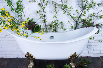 Fototapeta na wymiar bathtub at spring blossom, spa.