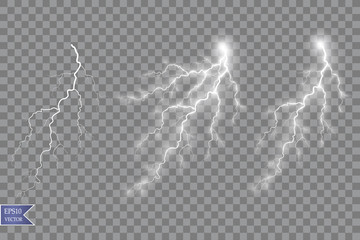 Set of lightnings. Thunder-storm and lightnings. Magic and bright lighting effects. Vector Illustration

