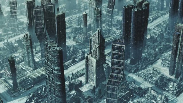 Top aerial view of destroyed city with dust particles. Blue tint. Seamless loop. More color options and camera angles available in my portfolio.