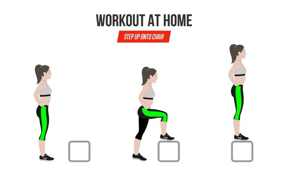 Sport exercises. Exercise at home. Step Up onto chiar Illustration of an active lifestyle.