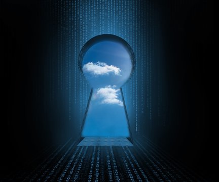 Doorway revealing cloudy sky 