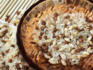 Dry rice on a bamboo Board, natural product