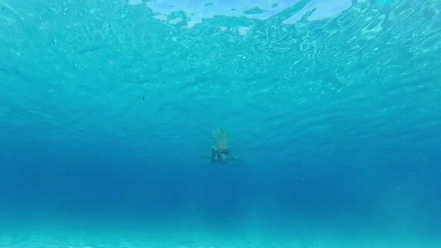 A POV shot of a shark closing in on a girl in a bikini swiming in an ocean. Underwater shot