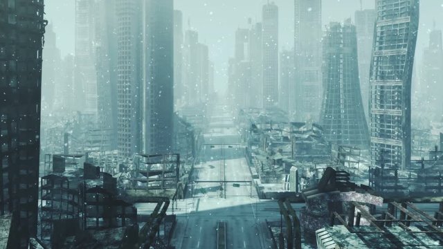 Camera move along the street through destroyed city with dust particles. Blue tint. Seamless loop. More color options and camera angles available in my portfolio.