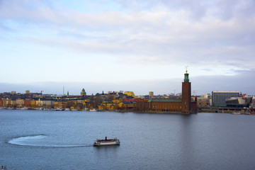 Ferry in Stockholm a winter day at sunset