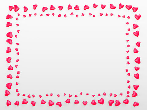 Rectangular frame of red hearts on a white background. Valentine's Day. 3d render illustration