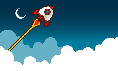 Retro rocket space ship on blue background