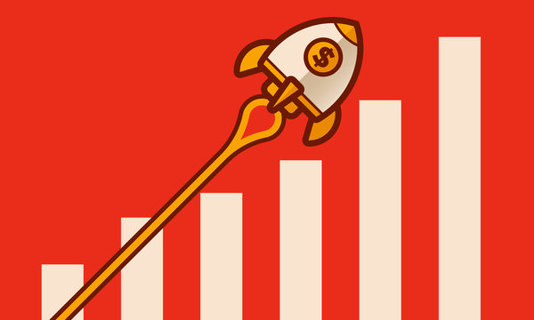 Retro rocket space ship success concept with graph chart and dollar symbol
