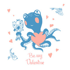 Hand drawn Valentine's Day greeting card. Cute  octopus with bouquet of fish