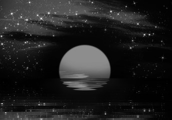 An abstract landscape with a moon reflecting in the water and a black sky covered with glowing stars