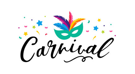 Carnival poster, banner with colorful party elements - mask, confetti, stars and splashes