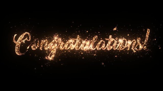 Congratulations greeting text with particles and sparks isolated on black background, beautiful typography magic design.