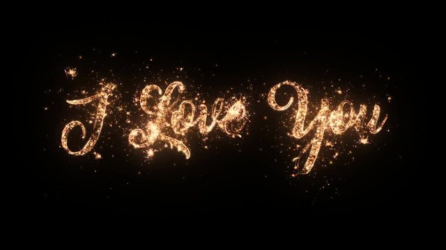 I Love You confession greeting text with particles and sparks isolated on black background, beautiful typography magic design.