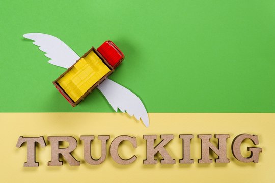 Abstract picture of a truck with wings and a word of trucking.